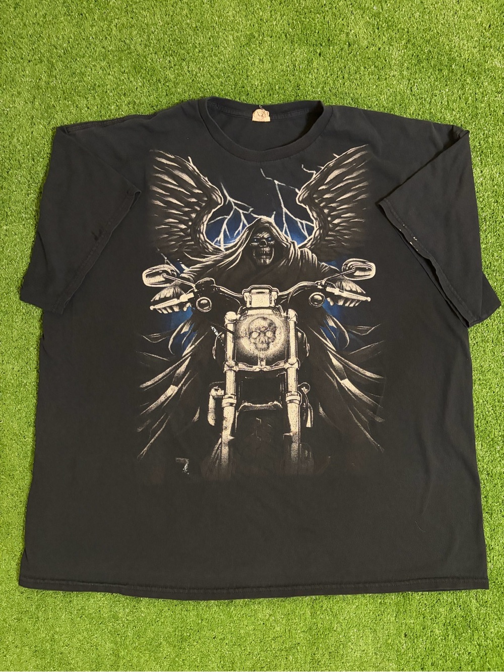 Y2K Distressed Grim Reaper Riding Motorcycle Graphic T-Shirt
